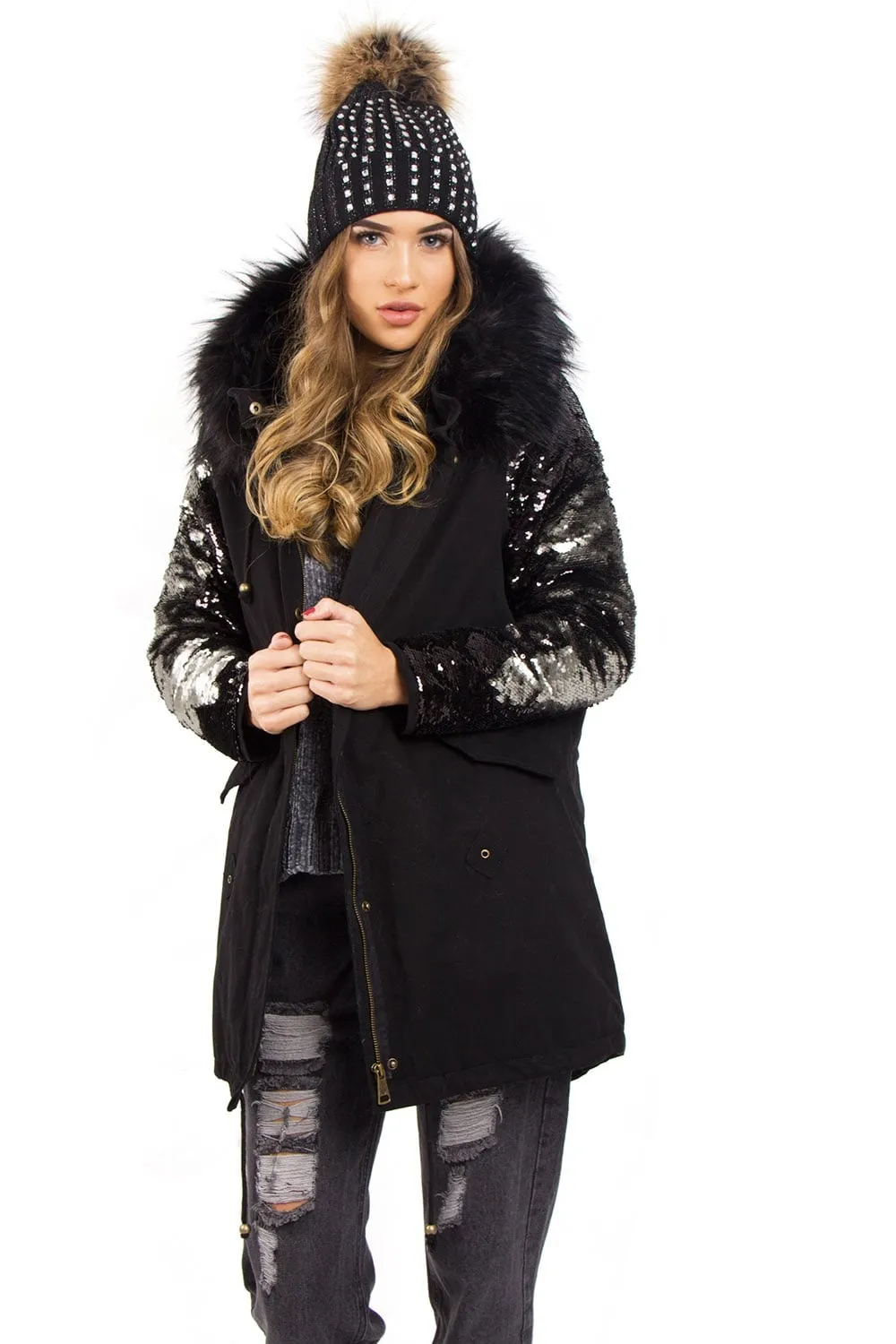 Hooded Two Sided Colour Change Sequin Arms Faux Fur Trim Fleece Parka Jacket Coat