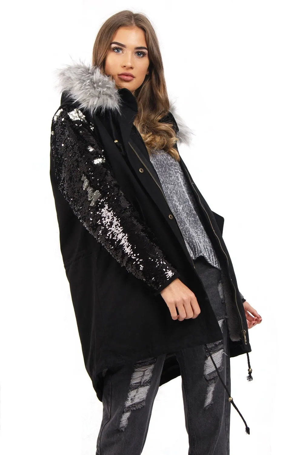 Hooded Two Sided Colour Change Sequin Arms Faux Fur Trim Fleece Parka Jacket Coat