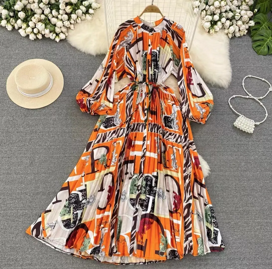 IKEARLAX  High-Grade Light Luxury Temperament Lantern Long Sleeve round Neck Waist Trimming Slimming Single-Breasted Printed Dress Elegant Long Dress