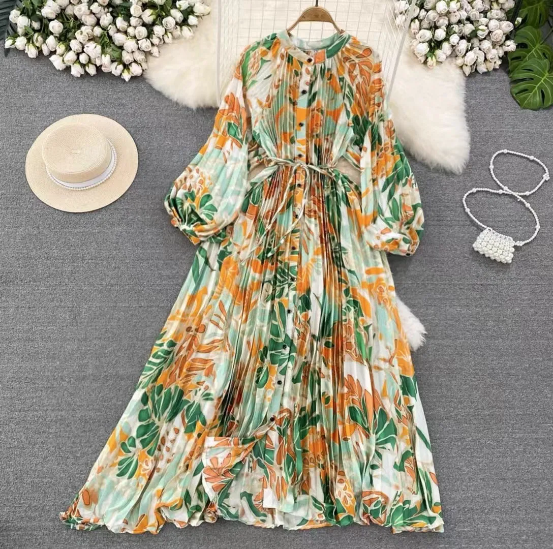 IKEARLAX  High-Grade Light Luxury Temperament Lantern Long Sleeve round Neck Waist Trimming Slimming Single-Breasted Printed Dress Elegant Long Dress