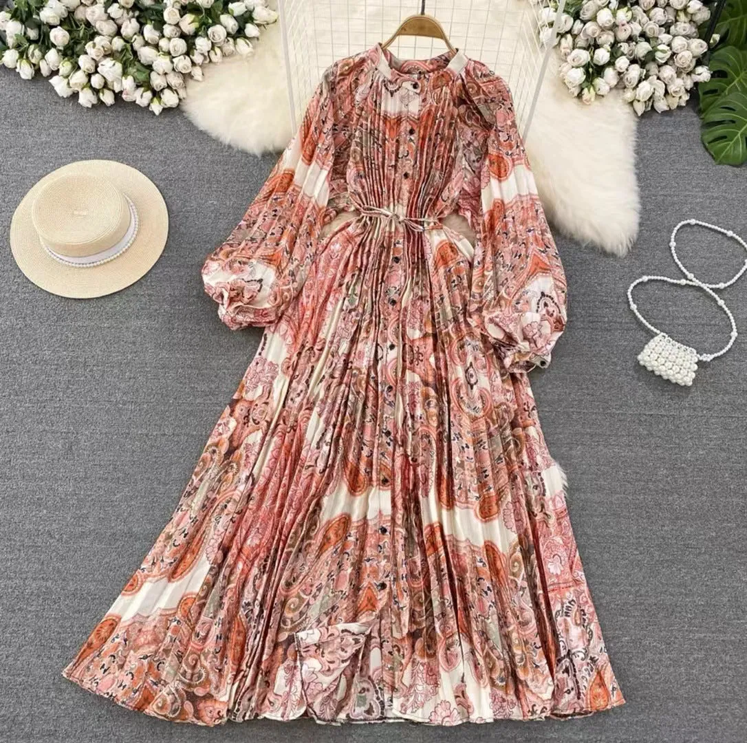 IKEARLAX  High-Grade Light Luxury Temperament Lantern Long Sleeve round Neck Waist Trimming Slimming Single-Breasted Printed Dress Elegant Long Dress