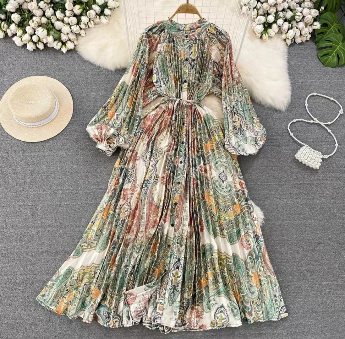 IKEARLAX  High-Grade Light Luxury Temperament Lantern Long Sleeve round Neck Waist Trimming Slimming Single-Breasted Printed Dress Elegant Long Dress