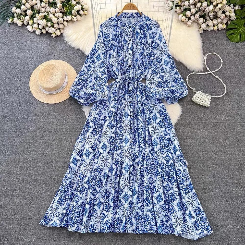 IKEARLAX  High-Grade Light Luxury Temperament Lantern Long Sleeve round Neck Waist Trimming Slimming Single-Breasted Printed Dress Elegant Long Dress