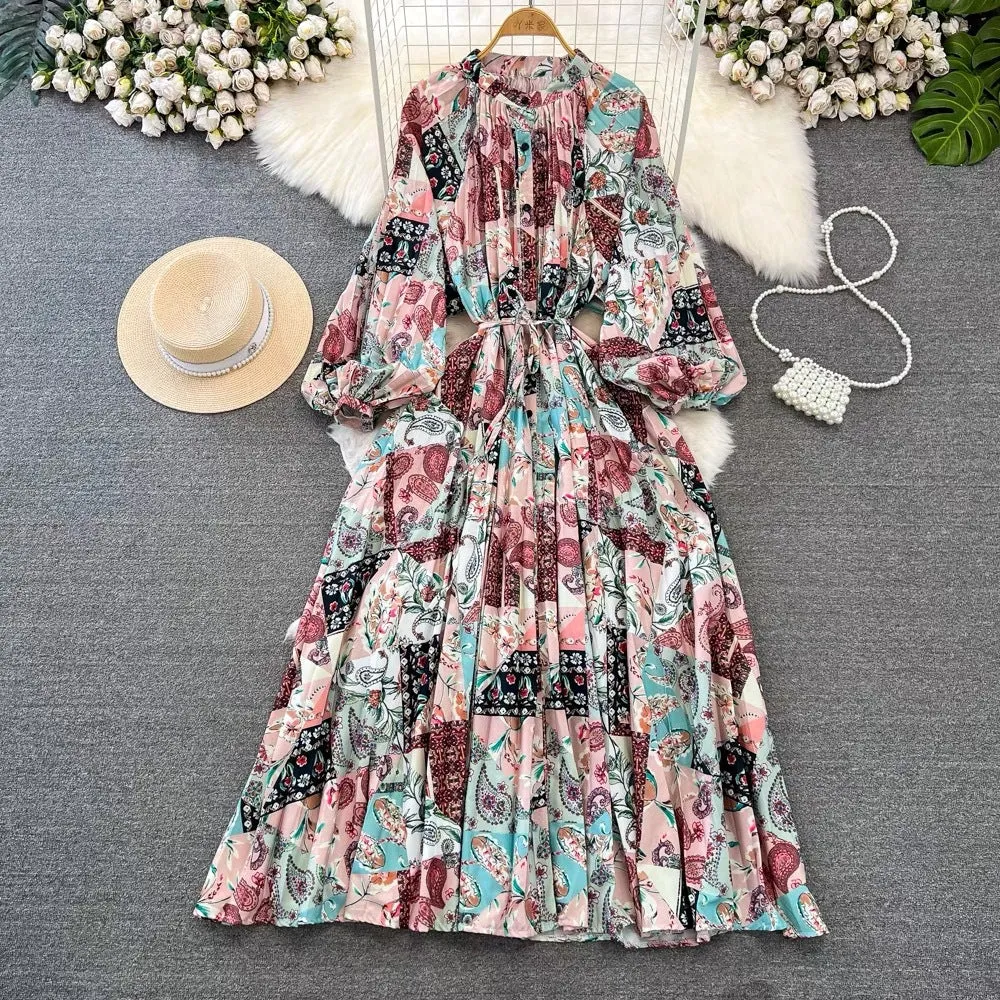 IKEARLAX  High-Grade Light Luxury Temperament Lantern Long Sleeve round Neck Waist Trimming Slimming Single-Breasted Printed Dress Elegant Long Dress