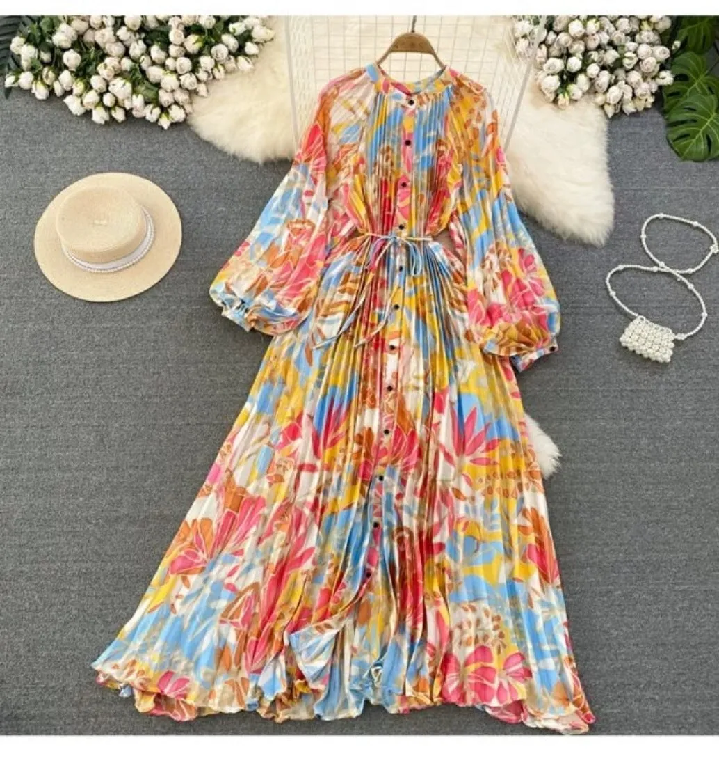 IKEARLAX  High-Grade Light Luxury Temperament Lantern Long Sleeve round Neck Waist Trimming Slimming Single-Breasted Printed Dress Elegant Long Dress