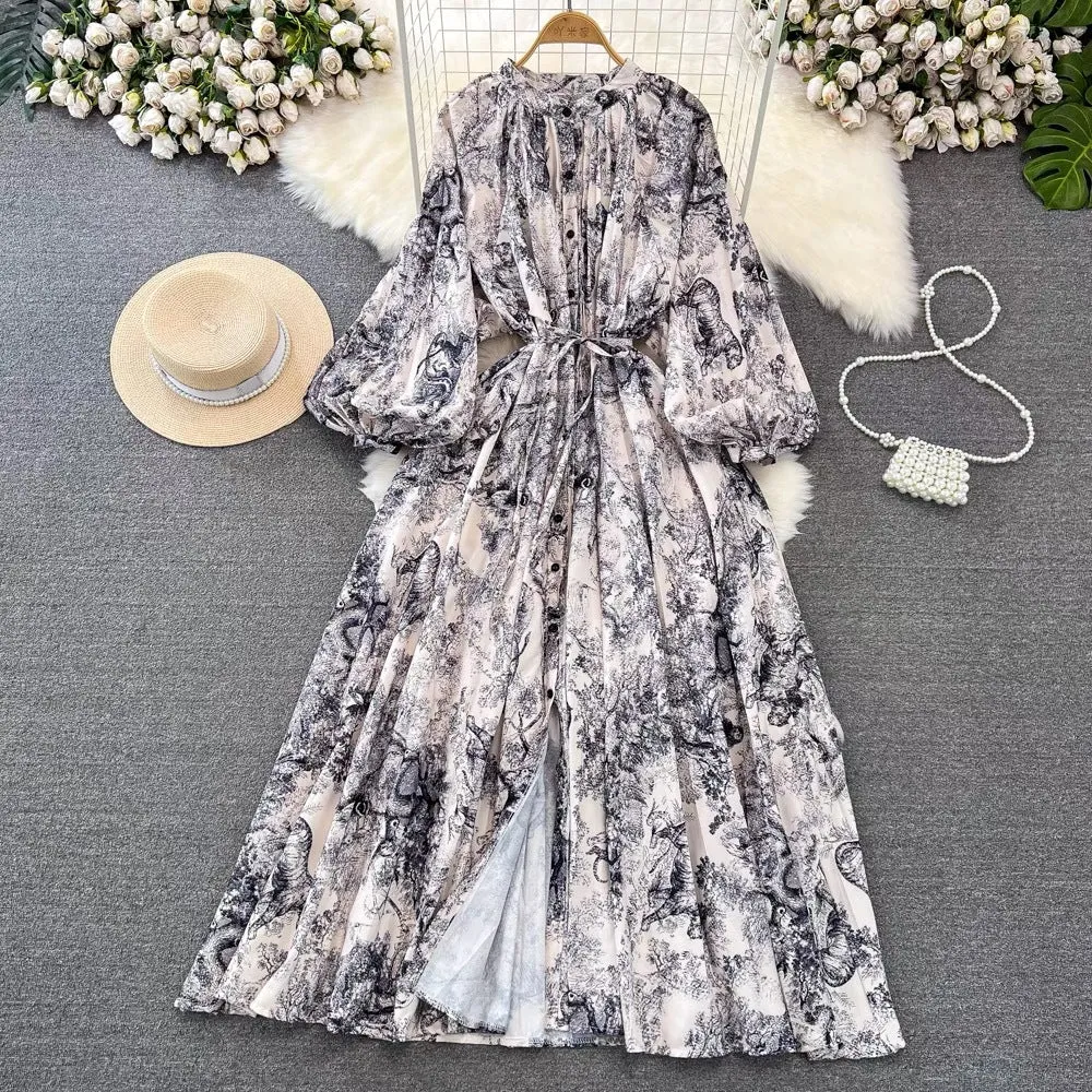 IKEARLAX  High-Grade Light Luxury Temperament Lantern Long Sleeve round Neck Waist Trimming Slimming Single-Breasted Printed Dress Elegant Long Dress