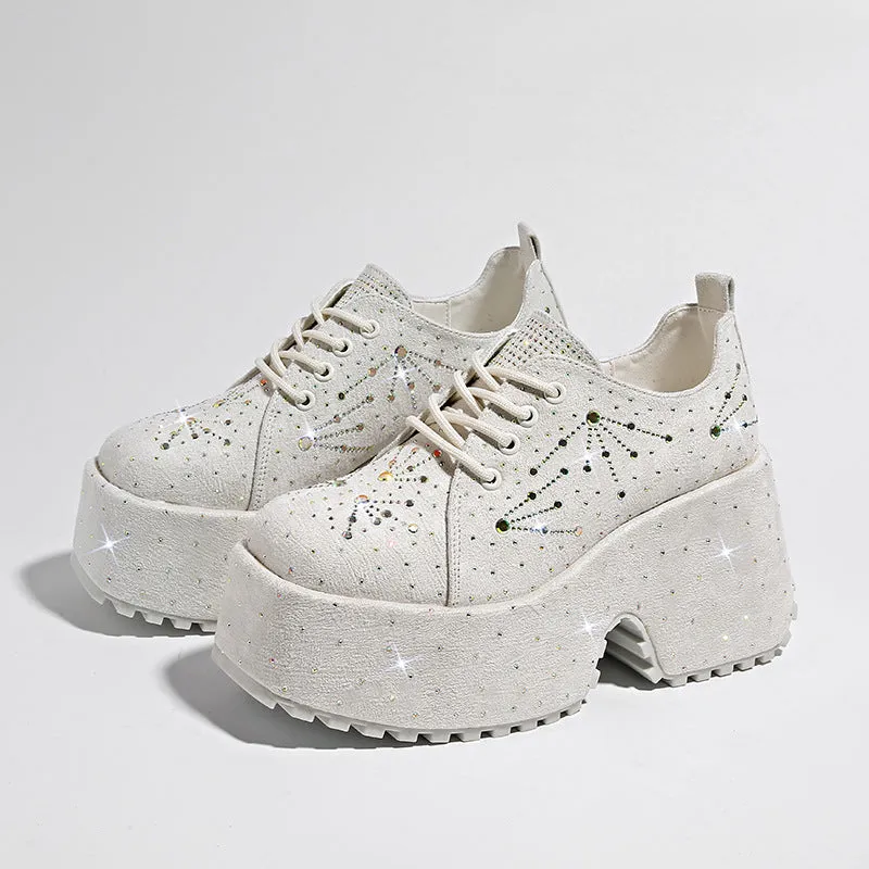 ikearlax HOTan Station Small Height Increasing Insole Women's Shoes Fashion Starry Rhinestone  Autumn Thick Bottom Light Luxury Low-Top Shoes