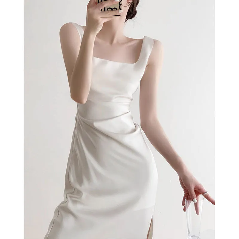 IKEARLAX  White Dress Women's High-Grade Summer  Style Long Wedding Party Light Luxury Dress Graceful Satin Suspender Dress