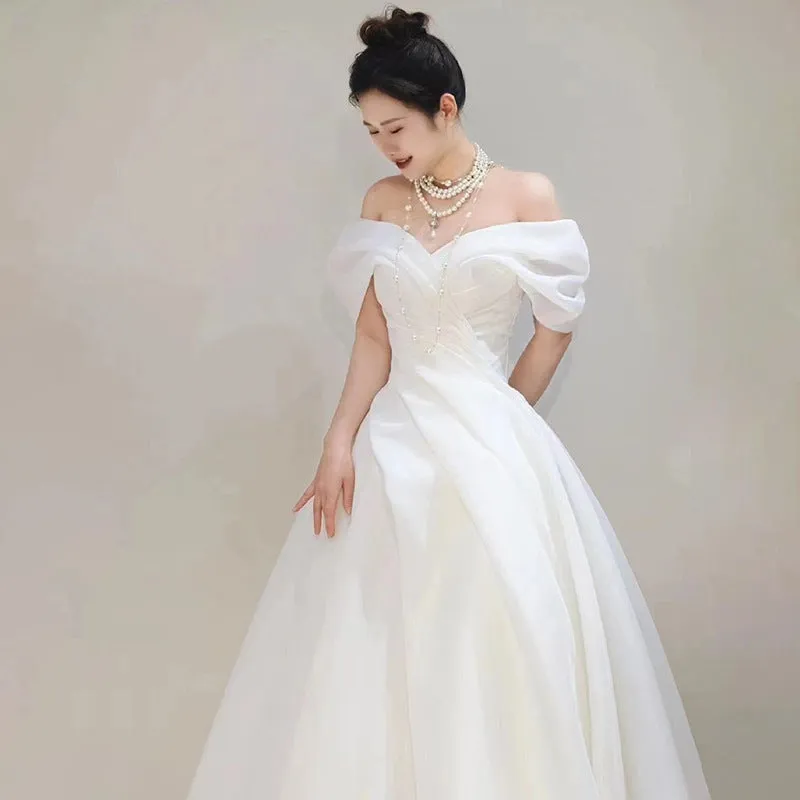 IKERRLAX Satin Light Wedding Dress  New Bridal  off-Shoulder Simple and Light Luxury Super Fairy Travel Photography Door Yarn Dress for Women