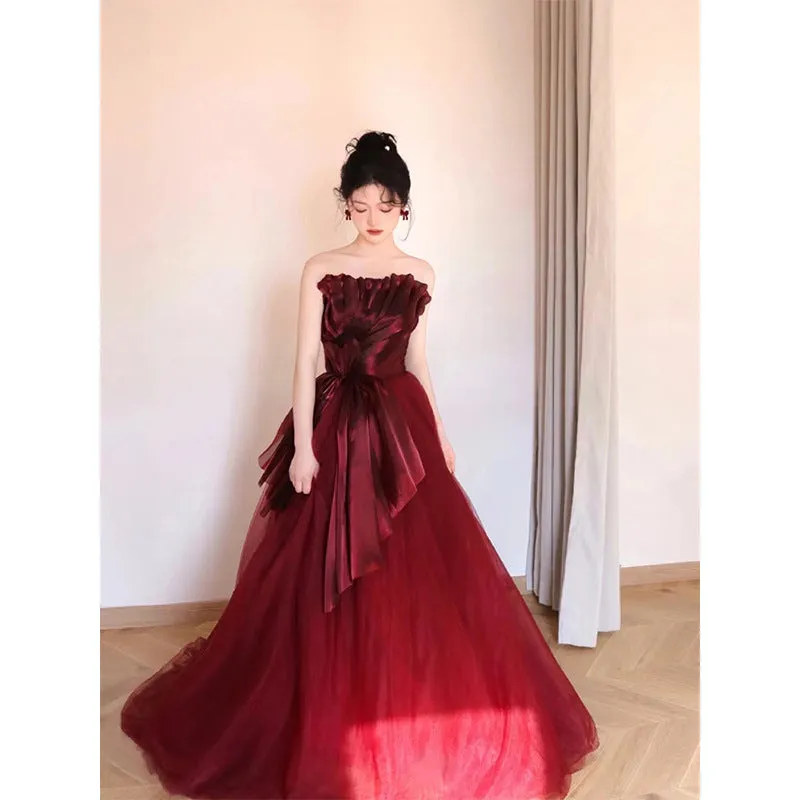 IKERRLAX Toast Dress  New Bridal Wine Red Light Luxury Minority Tube Top Engagement Dress High-Grade  Wedding Dress