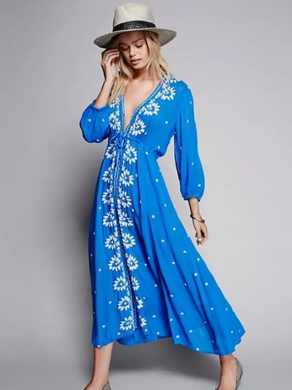 Inwrought Bohemian Half Sleeve V Neck Beach Maxi Dress