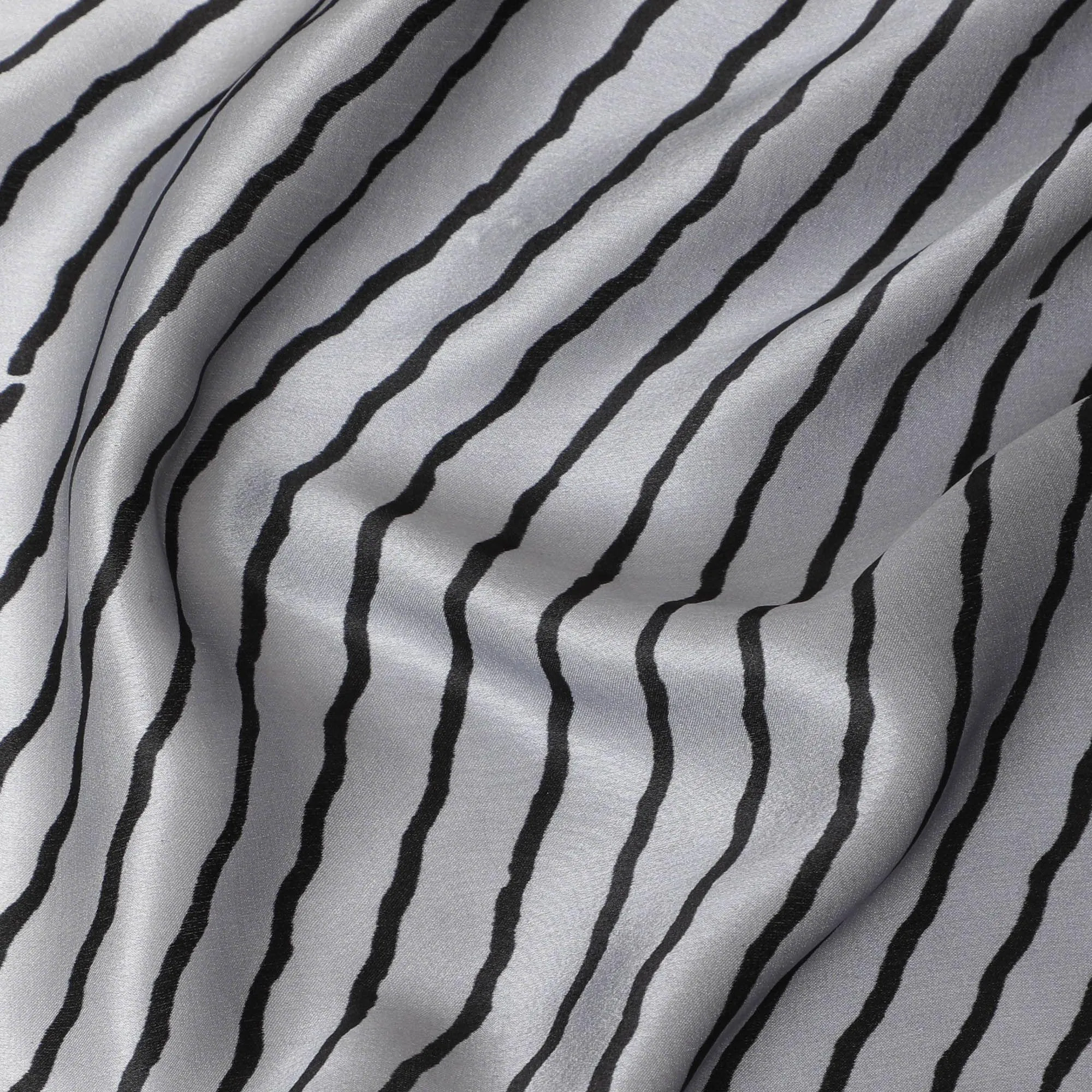 Iron grey premium pure silk satin fabric with black print in fancy design-D12513