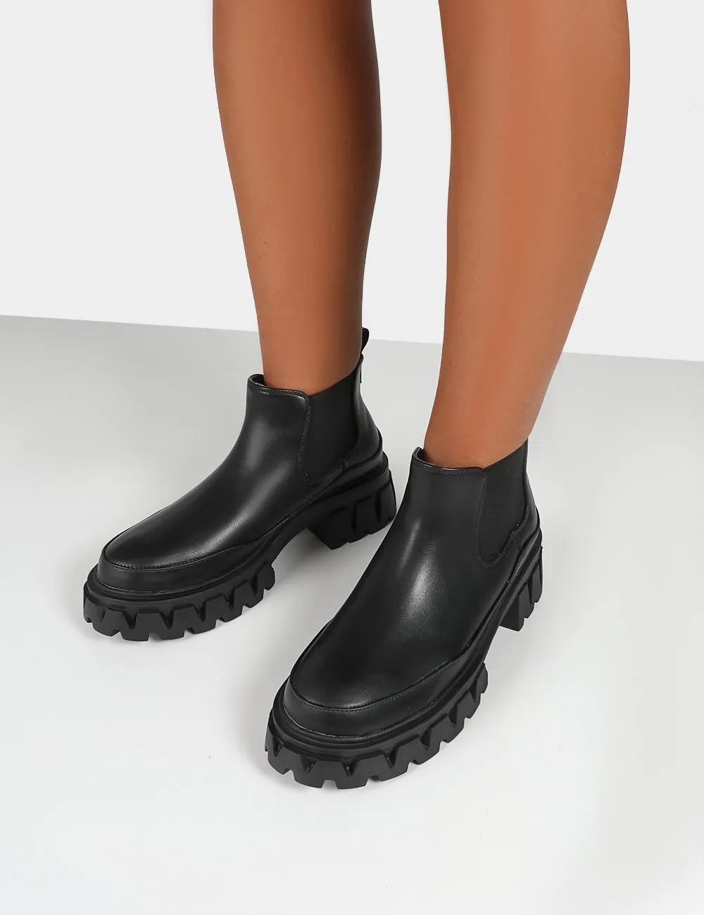 Kaya Black Pu Chunky Sole Chelsea  Boots