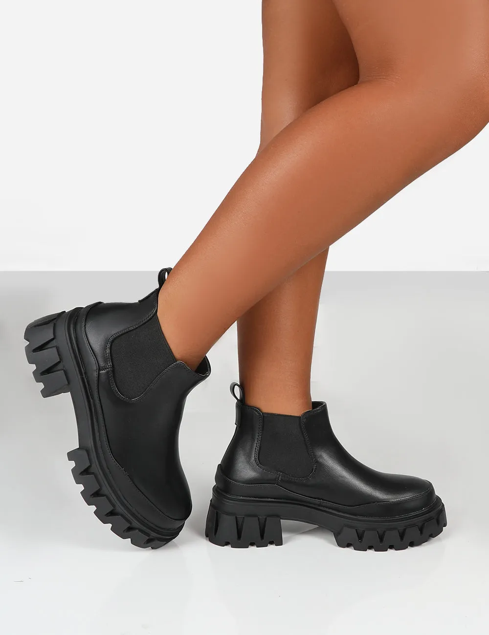 Kaya Black Pu Chunky Sole Chelsea  Boots