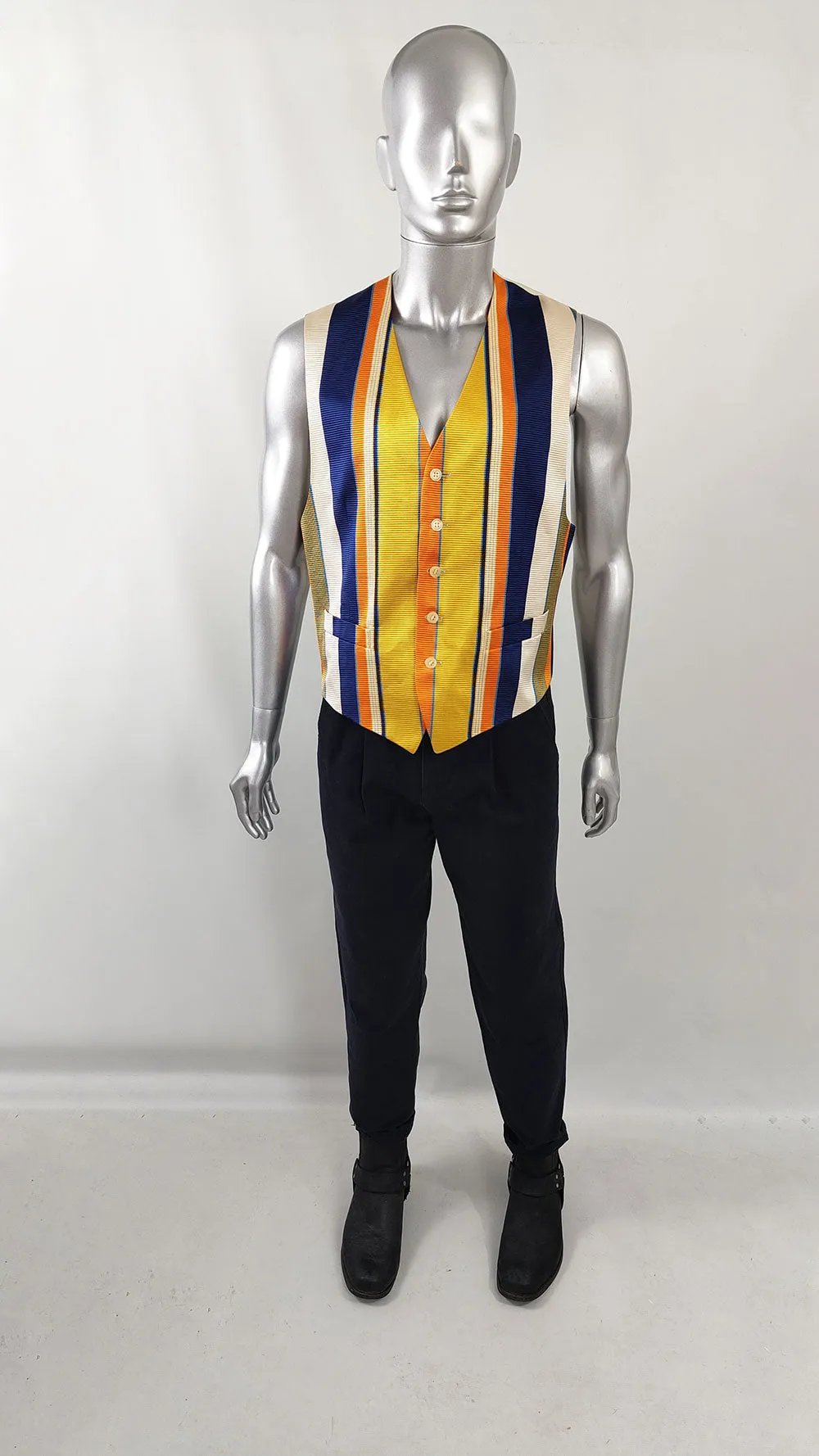 Kenzo Vintage Mens Orange & Blue Striped Silk Waistcoat