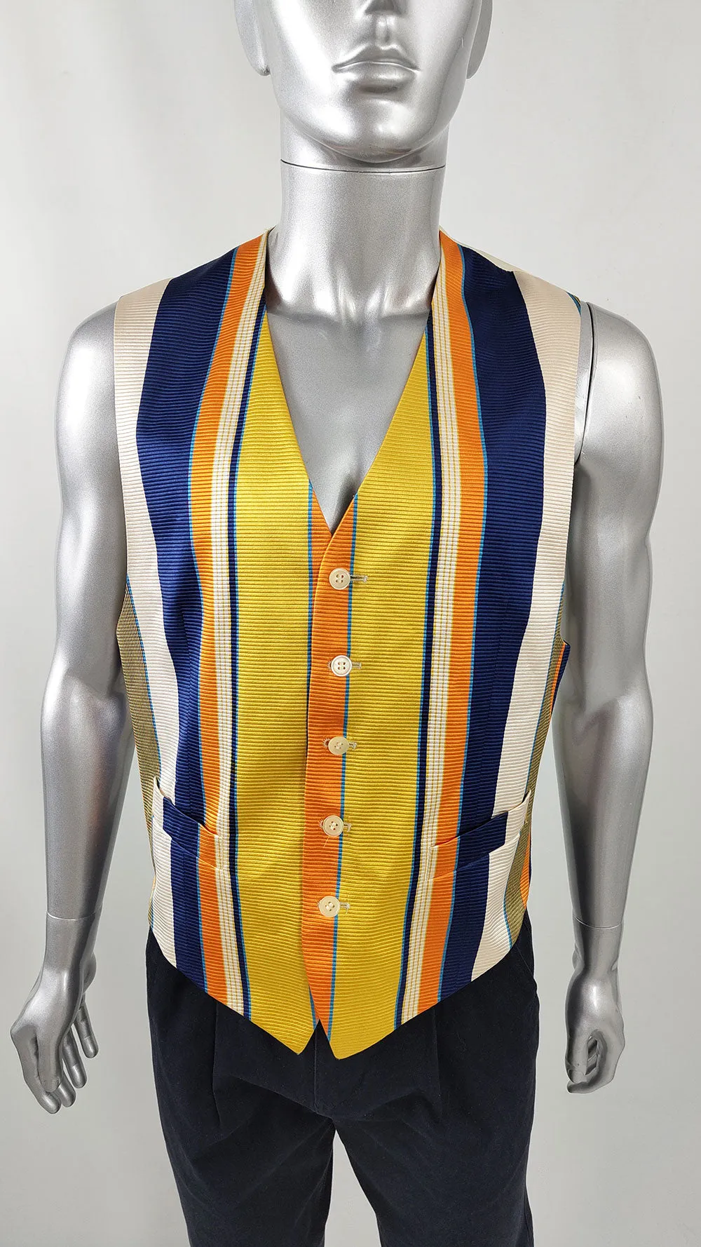 Kenzo Vintage Mens Orange & Blue Striped Silk Waistcoat