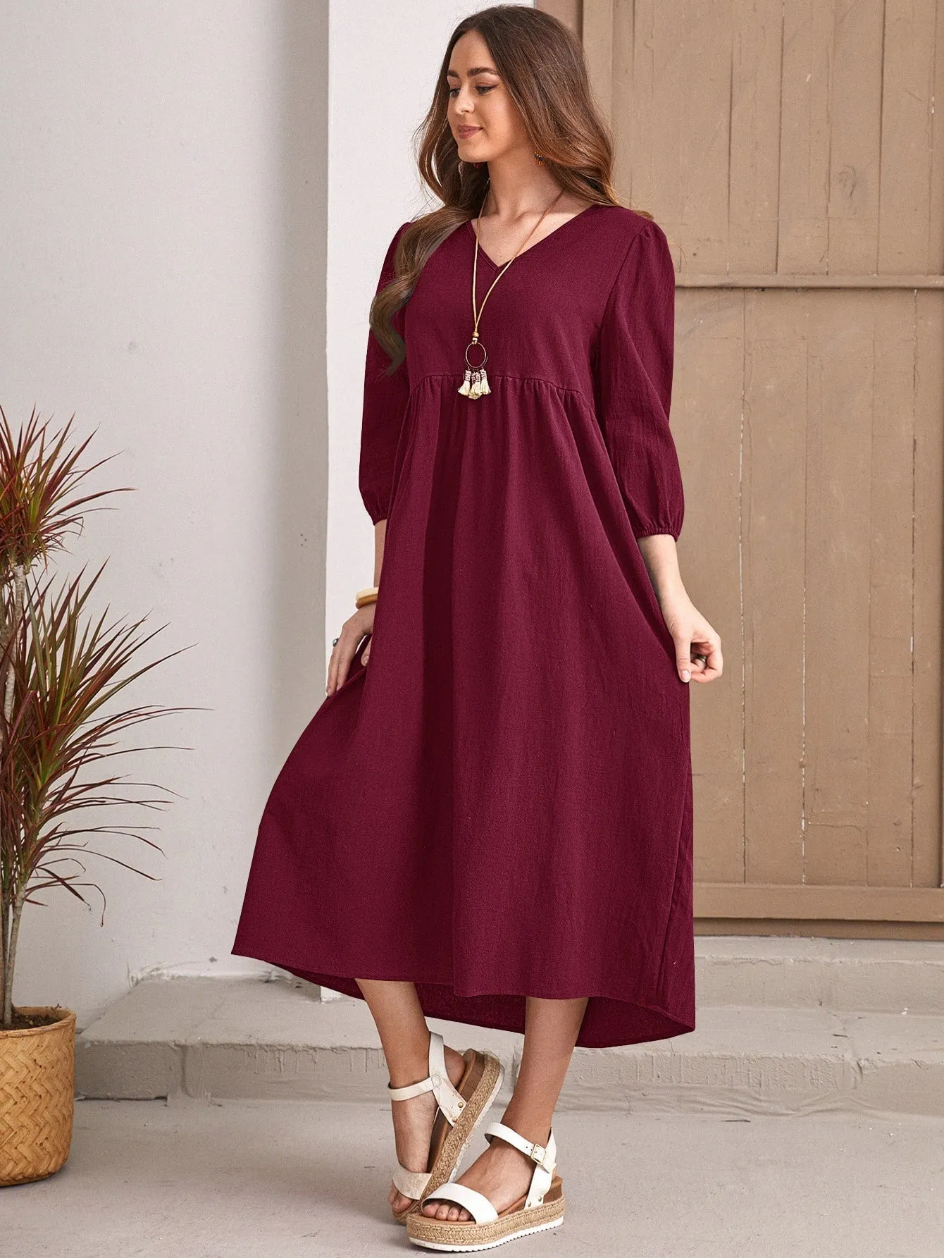 KittenAlarm - Solid Oversized Shirred Waist Dress