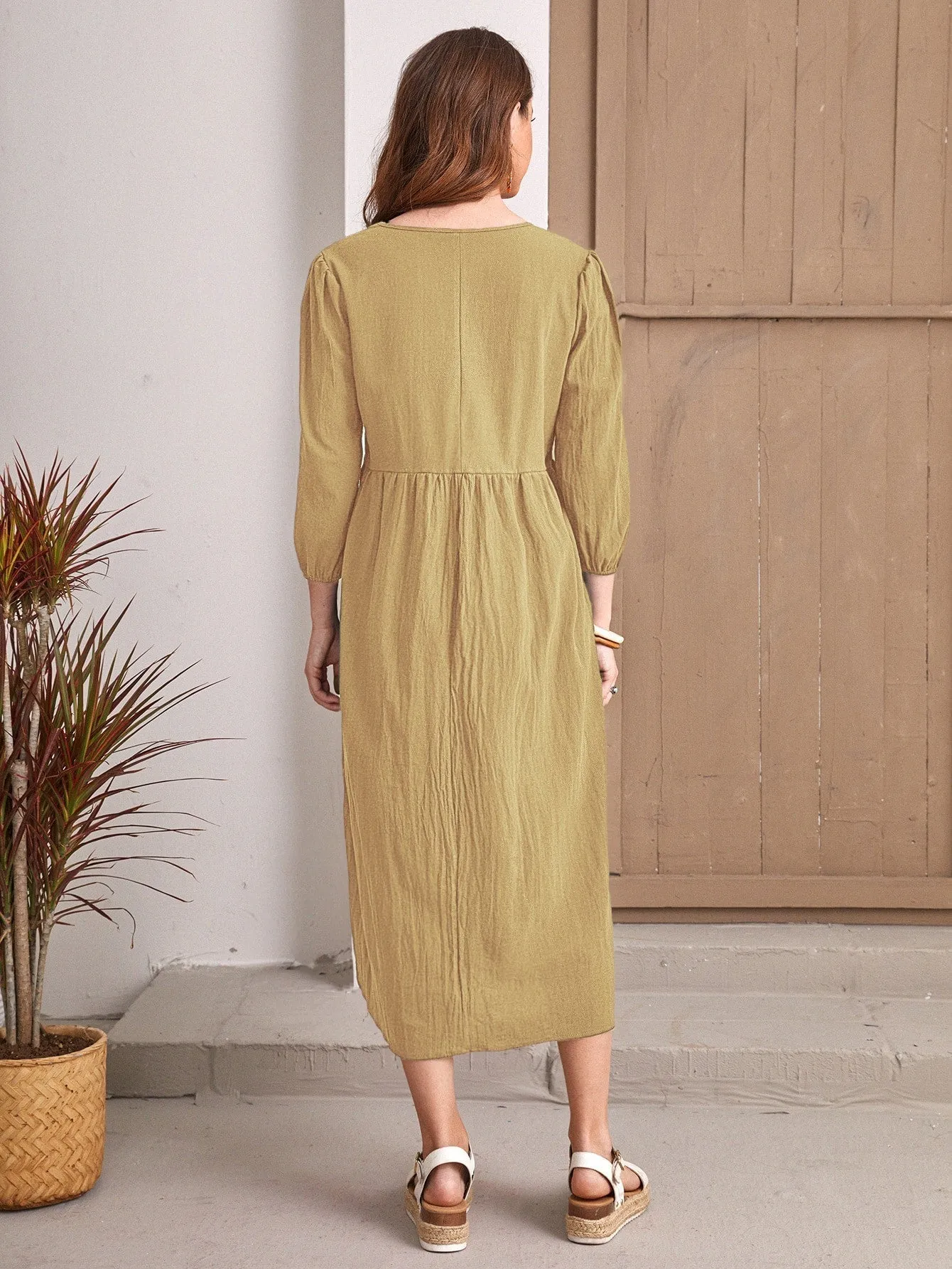 KittenAlarm - Solid Oversized Shirred Waist Dress