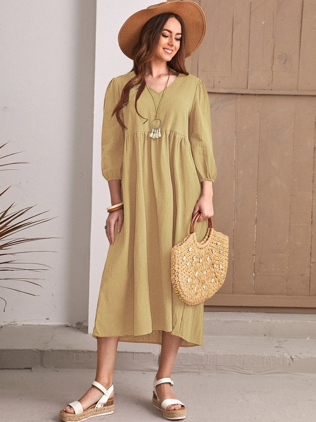 KittenAlarm - Solid Oversized Shirred Waist Dress