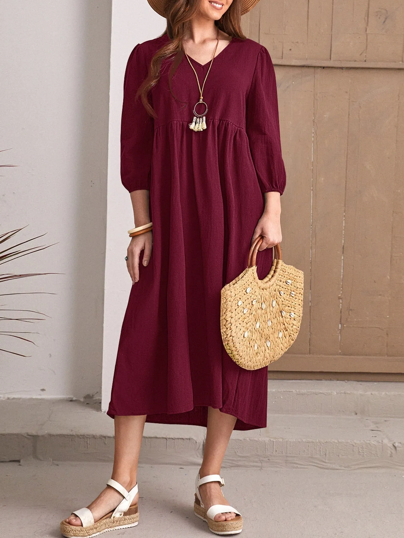 KittenAlarm - Solid Oversized Shirred Waist Dress