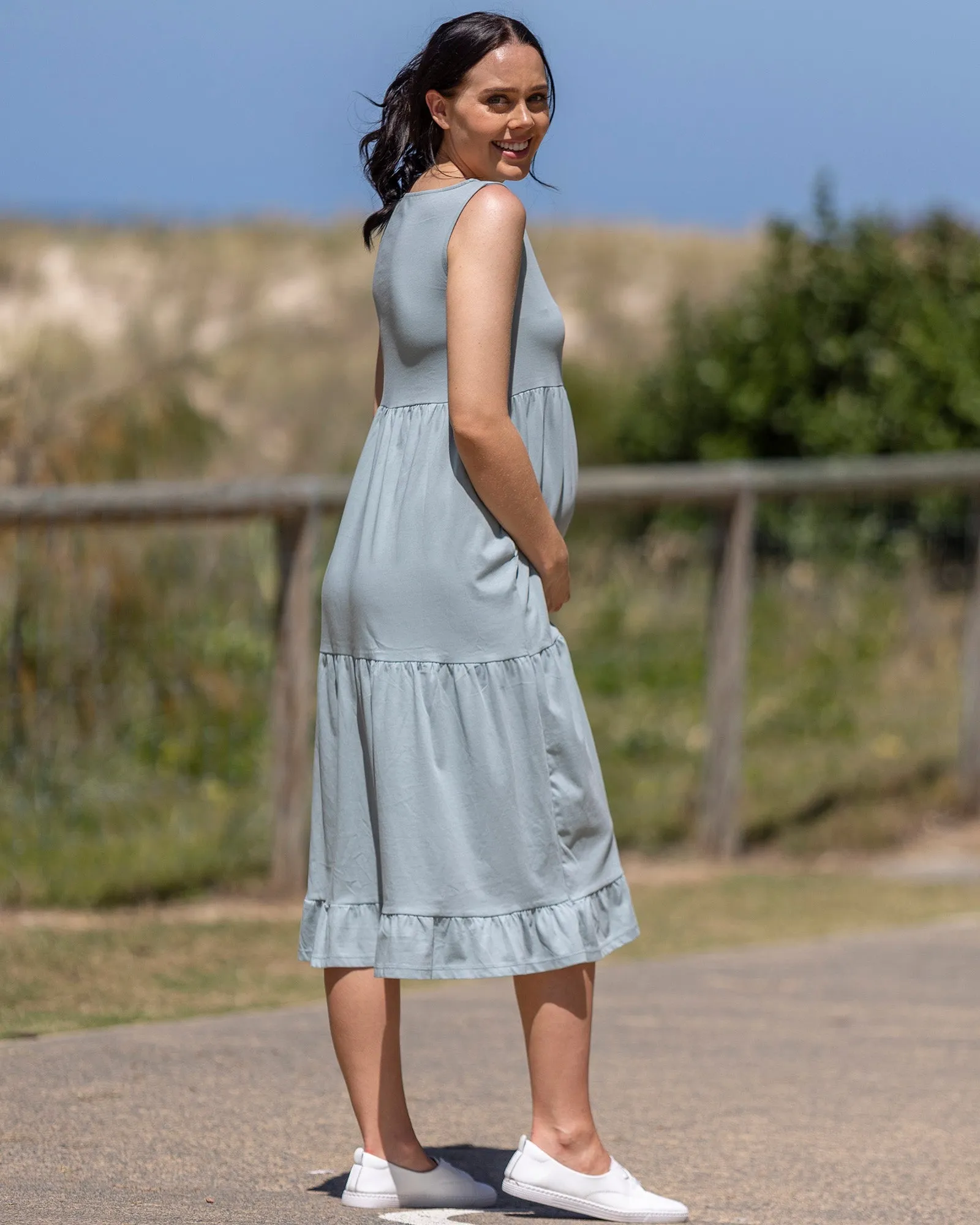 La Belle Maternity Cotton Dress In Pale Sage Blue