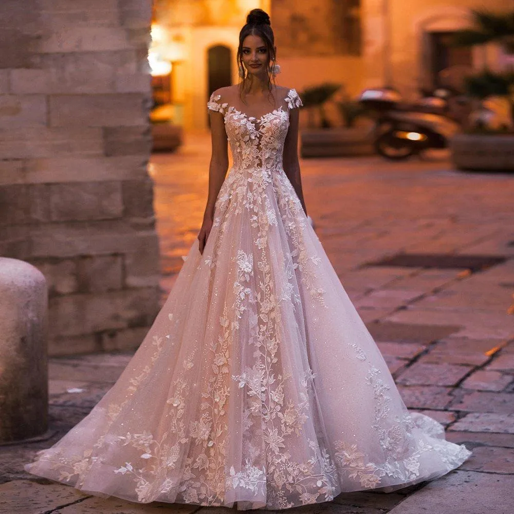 Lace Cap Sleeve A Line Bridal Wedding Ball Gown with Court Train