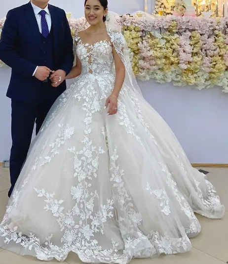 Lace Cap Sleeve A Line Bridal Wedding Ball Gown with Court Train