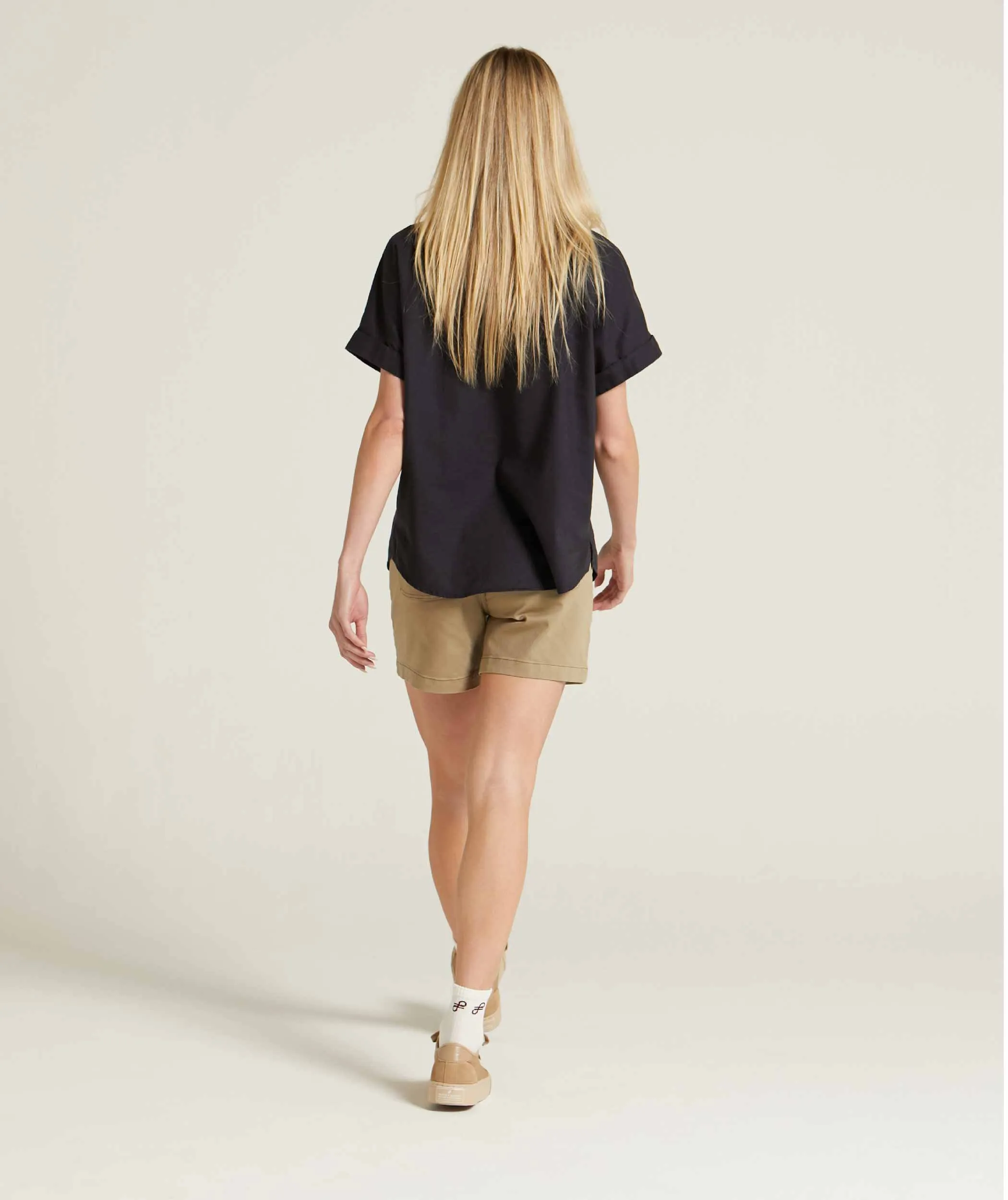 Ladies Short Sleeve Linen Blend Shirt - Navy