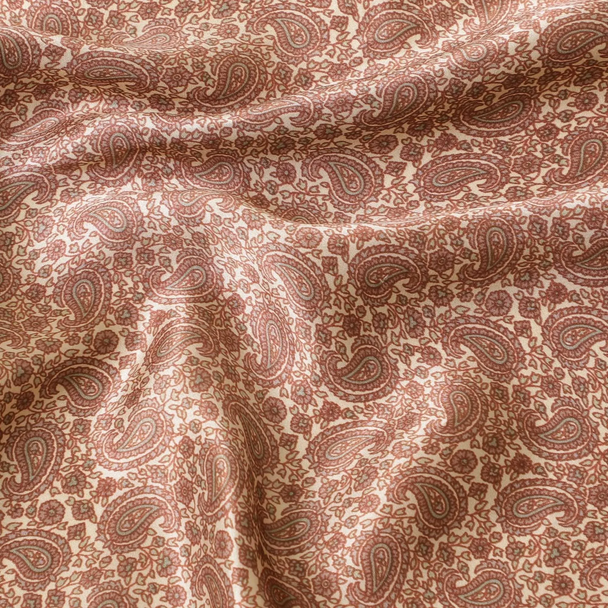 Latte beige pure silk satin fabric with grey and sandy brown print in paisley design-D8216