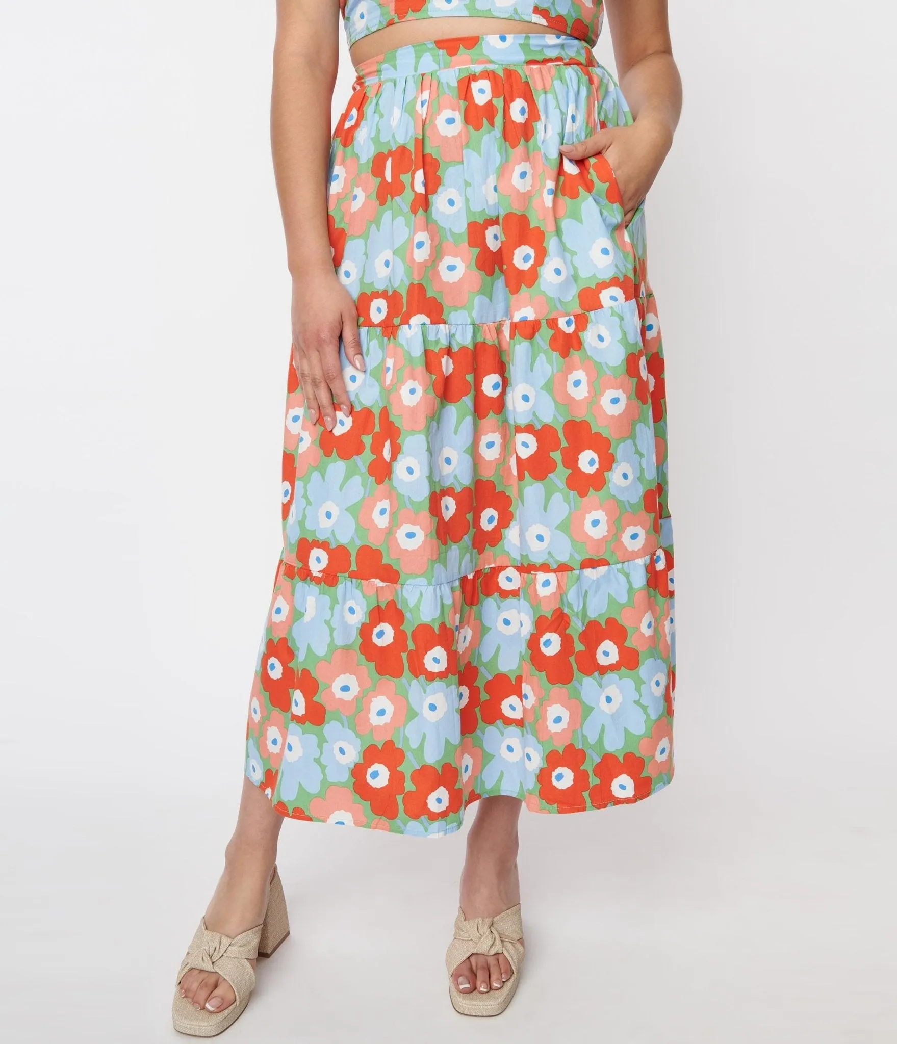 Light Blue & Red Floral Tiered Midi Skirt