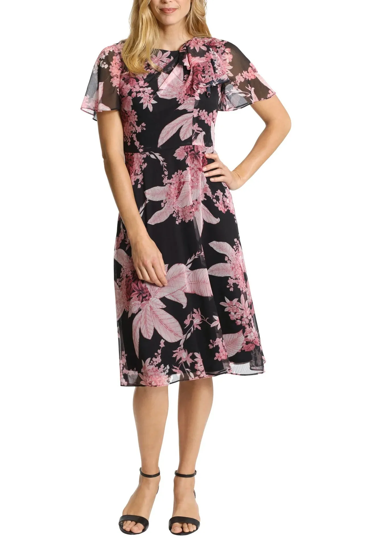 London Times Draped Bow Neck Flutter Sleeve Floral Print Yoryu Dress