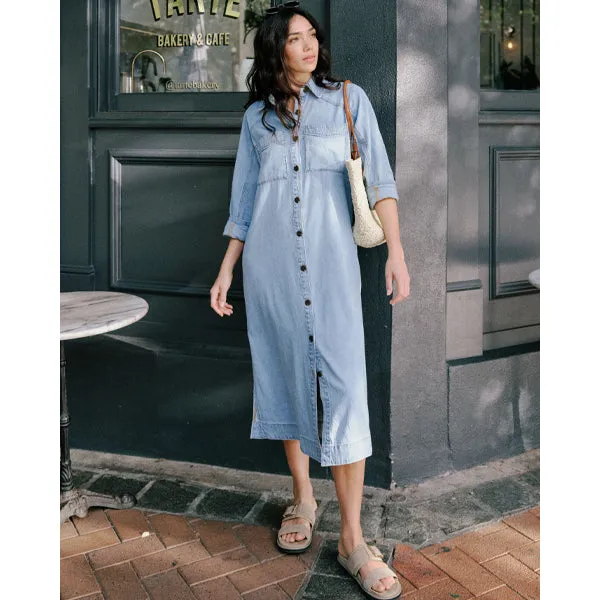 Long Sleeve Yoke Detail Midi Dress - Mid Blue Wash