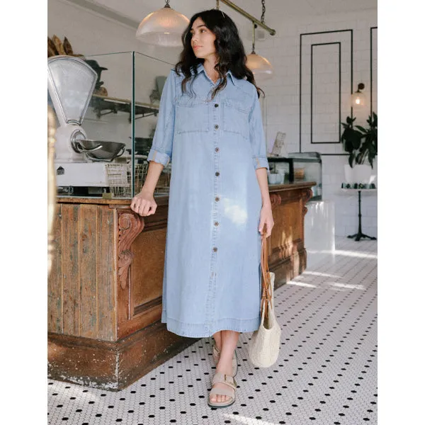 Long Sleeve Yoke Detail Midi Dress - Mid Blue Wash