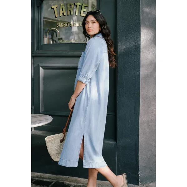 Long Sleeve Yoke Detail Midi Dress - Mid Blue Wash