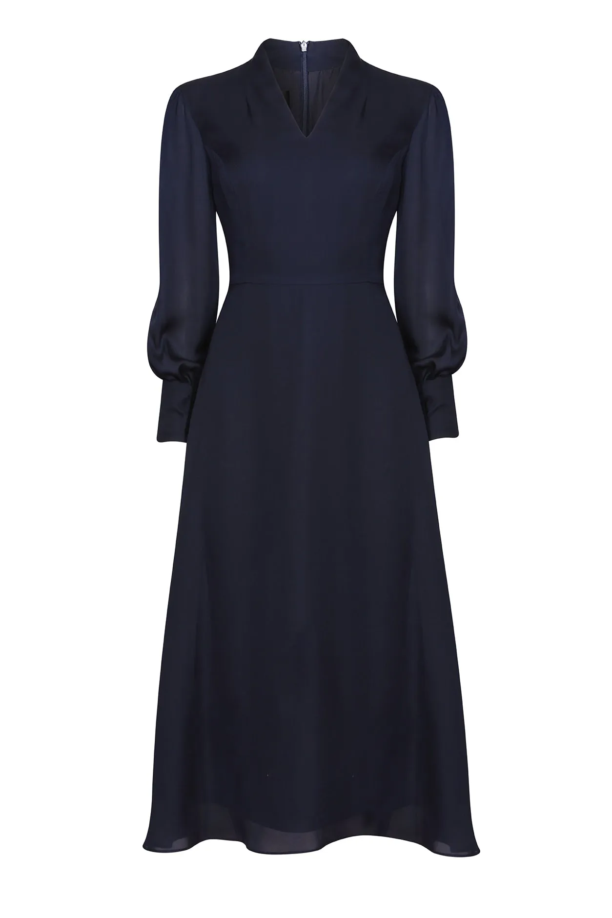 Long-Sleeved Midi Dress with Flared Skirt in Plain Navy Silk - Sofia