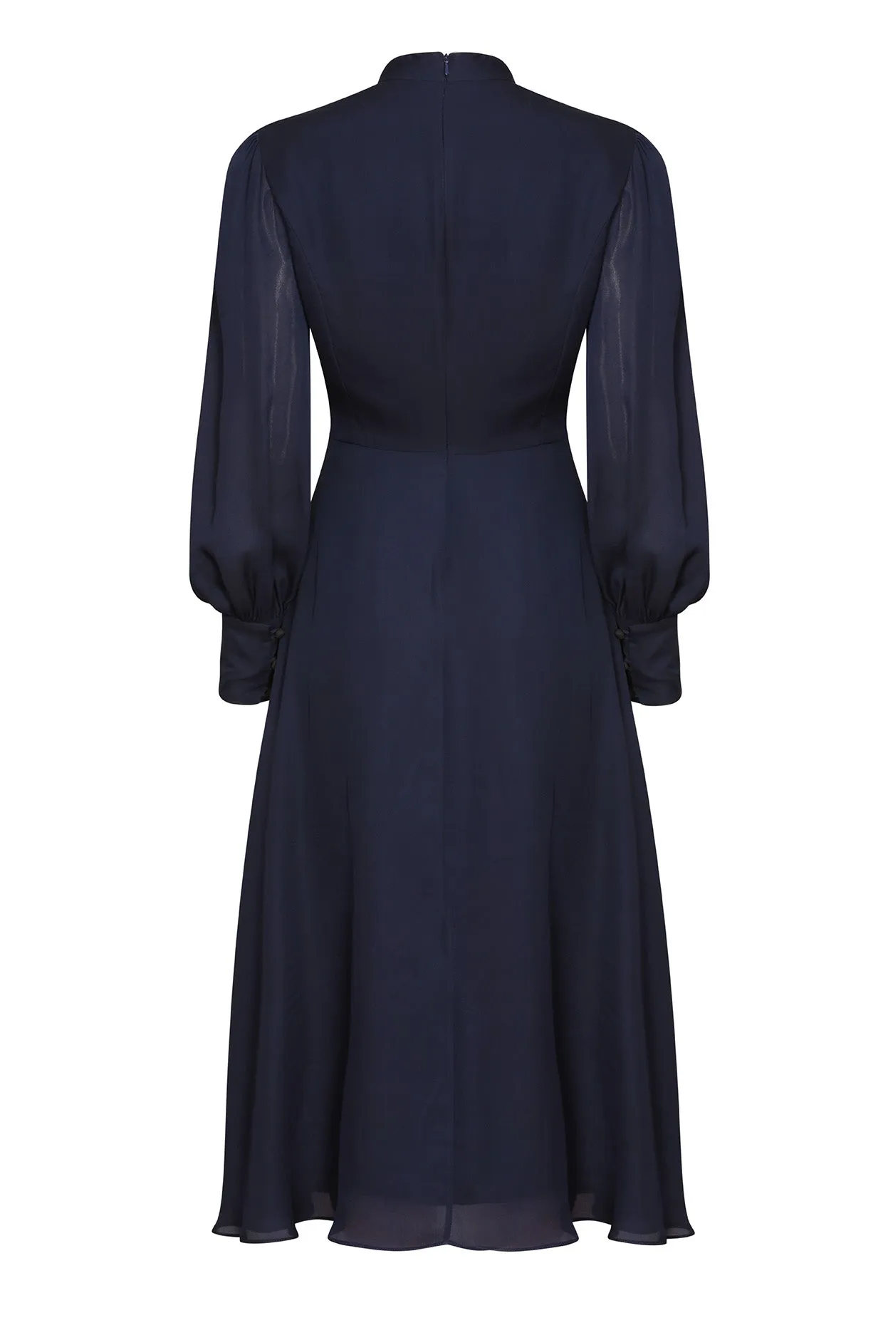 Long-Sleeved Midi Dress with Flared Skirt in Plain Navy Silk - Sofia