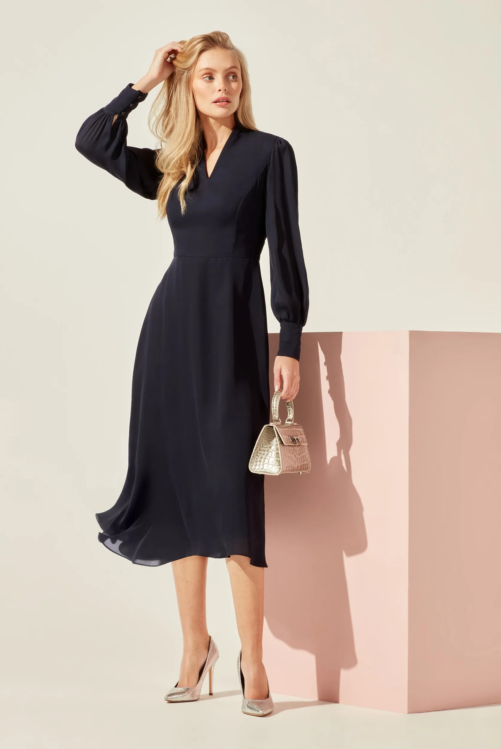 Long-Sleeved Midi Dress with Flared Skirt in Plain Navy Silk - Sofia