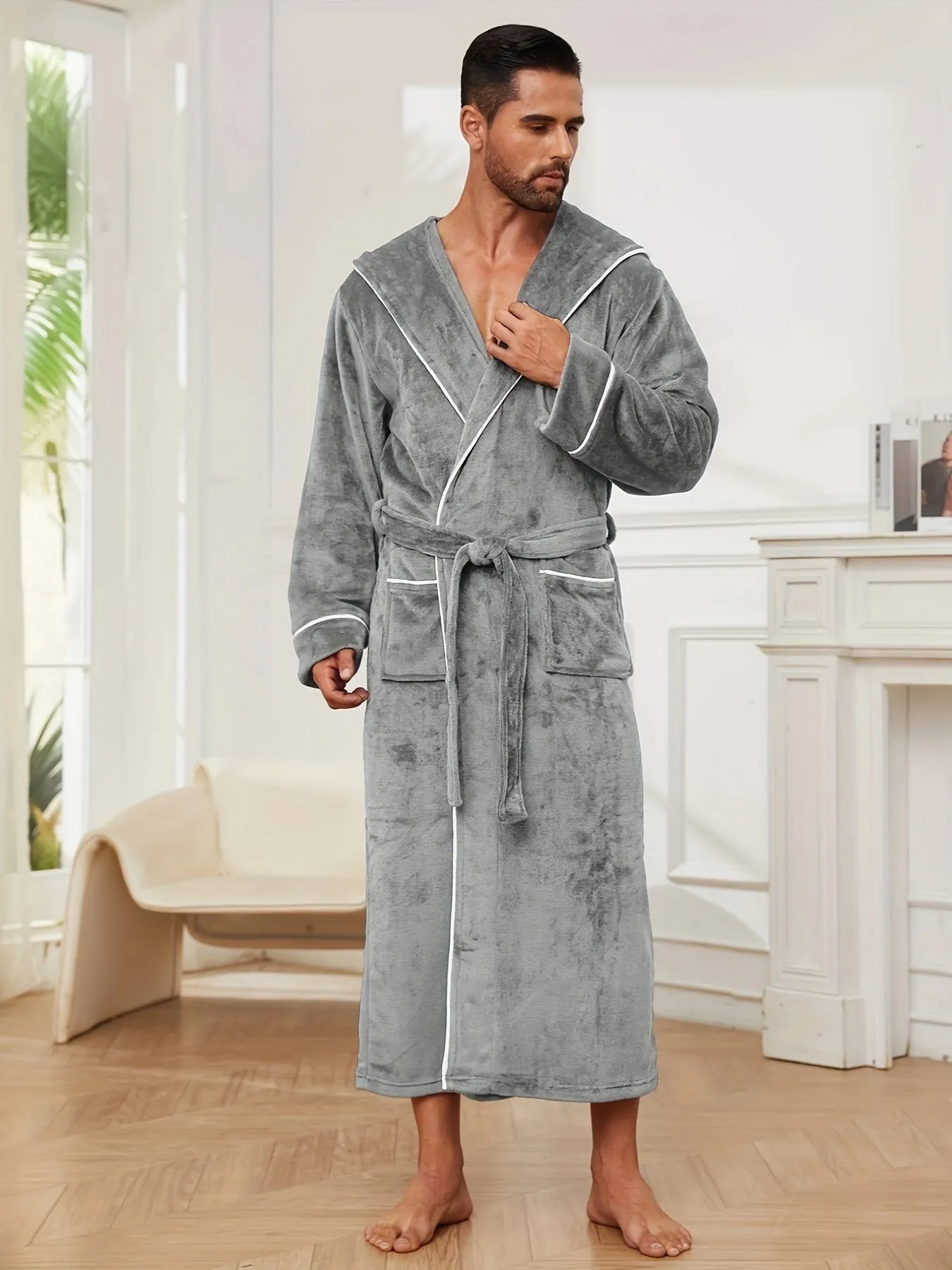 Luxury Men's Plush Robe with Hood: Double-Layered, Warm, and Soft Knit Fabric, Suitable for Fall/Winter Seasons - Available in Black