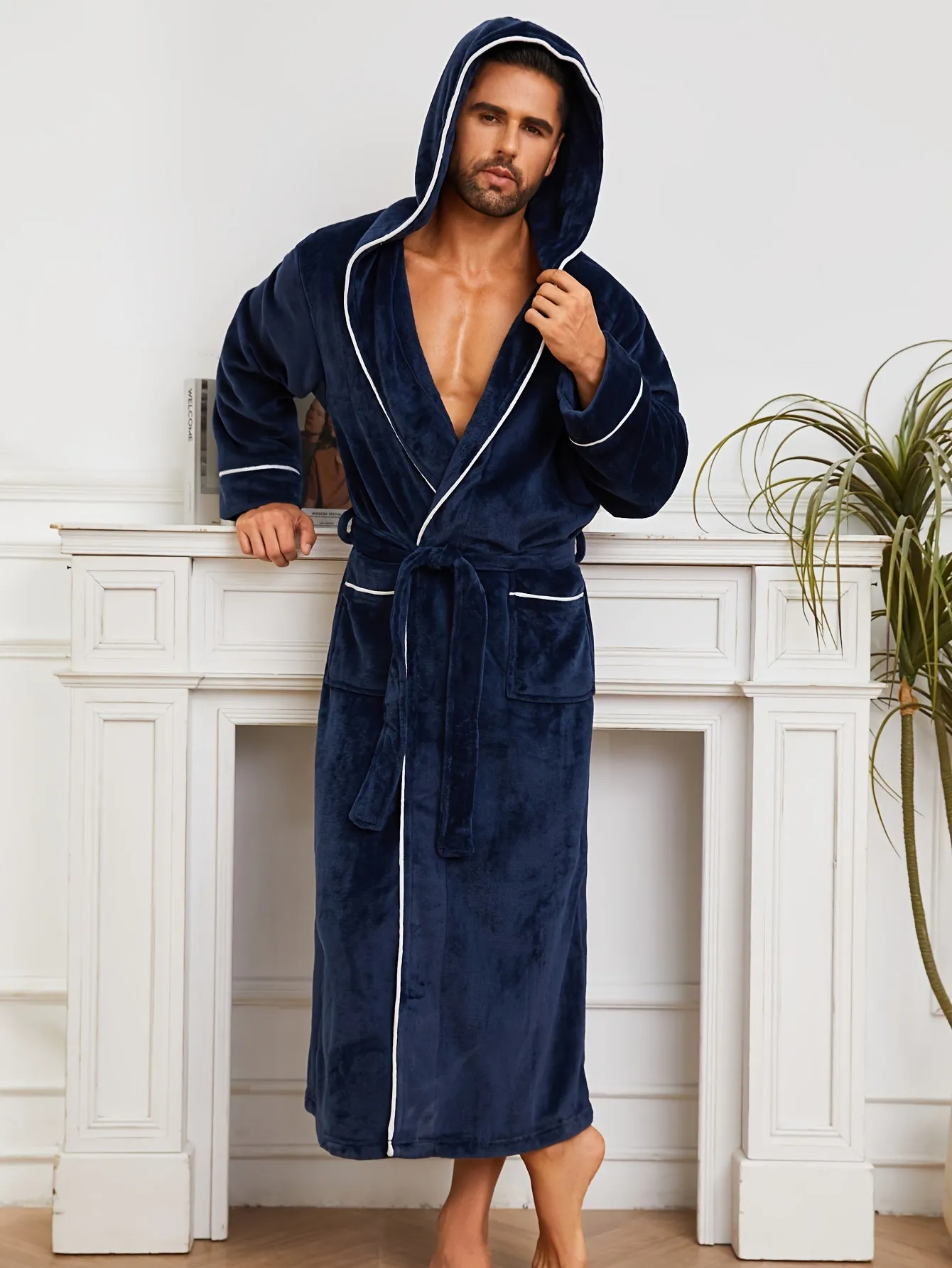 Luxury Men's Plush Robe with Hood: Double-Layered, Warm, and Soft Knit Fabric, Suitable for Fall/Winter Seasons - Available in Black