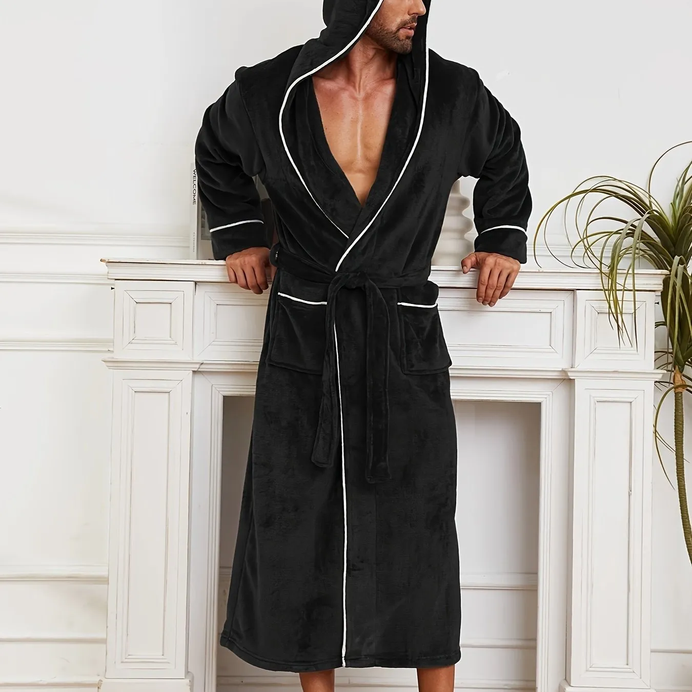 Luxury Men's Plush Robe with Hood: Double-Layered, Warm, and Soft Knit Fabric, Suitable for Fall/Winter Seasons - Available in Black