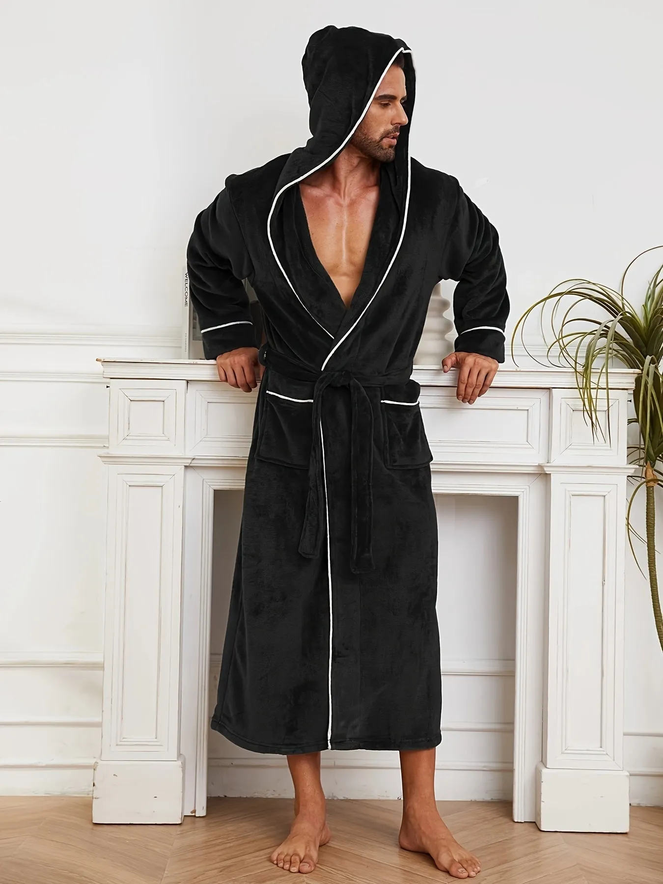 Luxury Men's Plush Robe with Hood: Double-Layered, Warm, and Soft Knit Fabric, Suitable for Fall/Winter Seasons - Available in Black