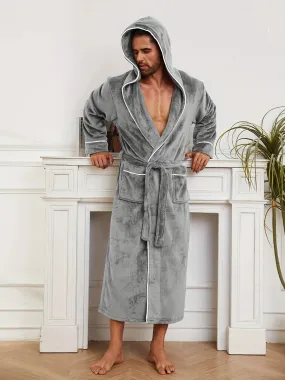 Luxury Men's Plush Robe with Hood: Double-Layered, Warm, and Soft Knit Fabric, Suitable for Fall/Winter Seasons - Available in Black