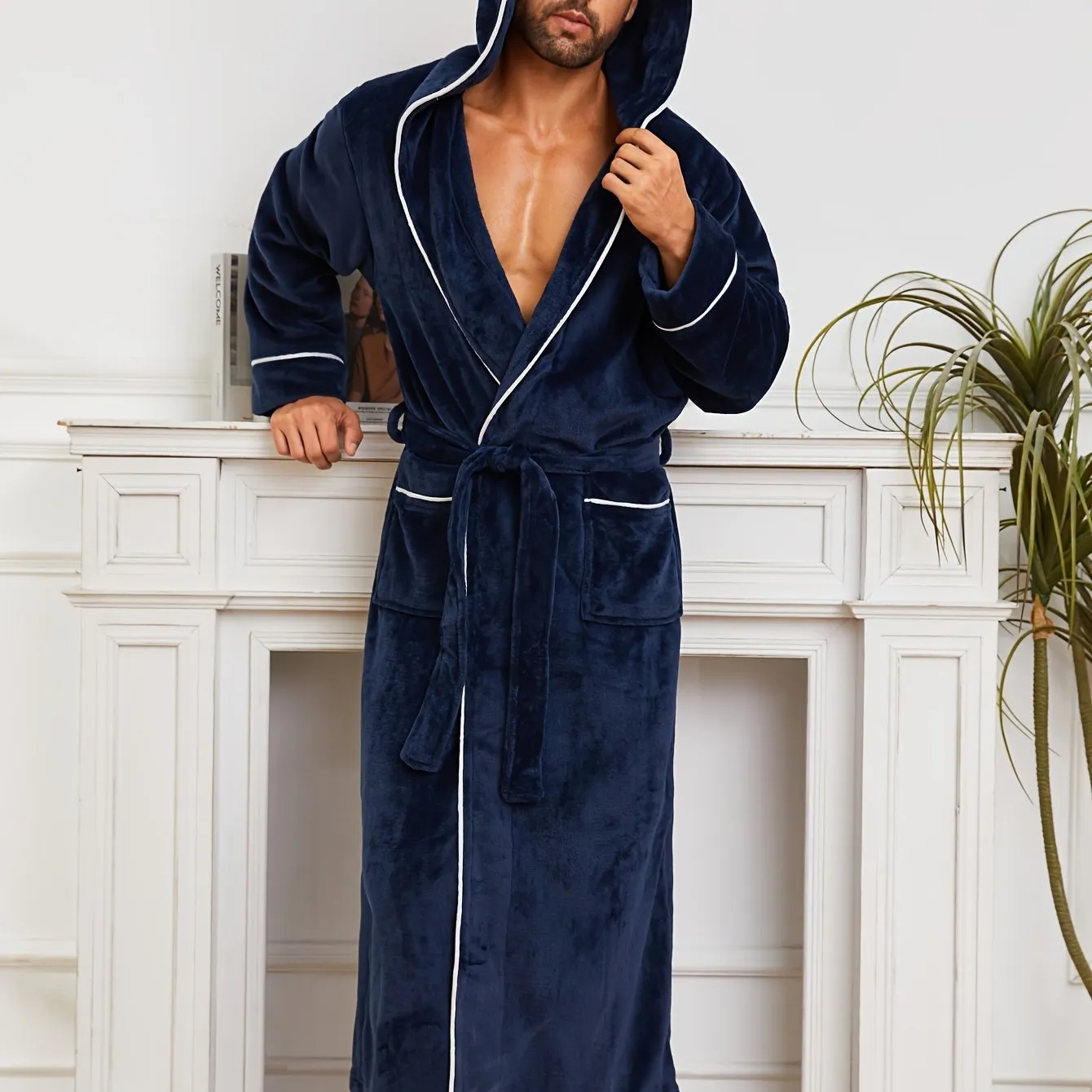 Luxury Men's Plush Robe with Hood: Double-Layered, Warm, and Soft Knit Fabric, Suitable for Fall/Winter Seasons - Available in Black