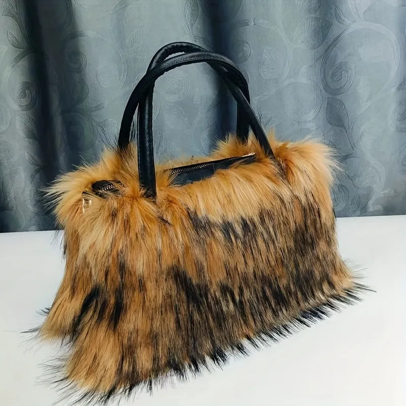 Luxury Plush Faux Fur Handbag - Y2K Sparkling Chic, Lightweight with Stripe Design & Secure Zip Closure