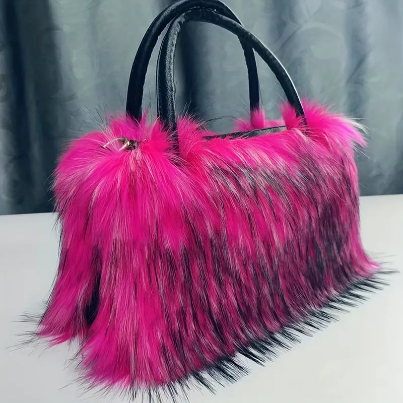 Luxury Plush Faux Fur Handbag - Y2K Sparkling Chic, Lightweight with Stripe Design & Secure Zip Closure