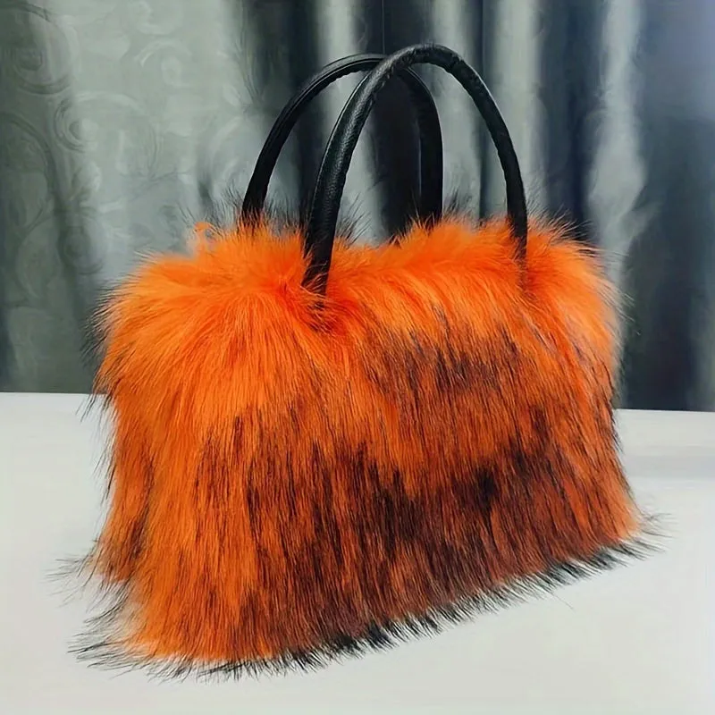 Luxury Plush Faux Fur Handbag - Y2K Sparkling Chic, Lightweight with Stripe Design & Secure Zip Closure