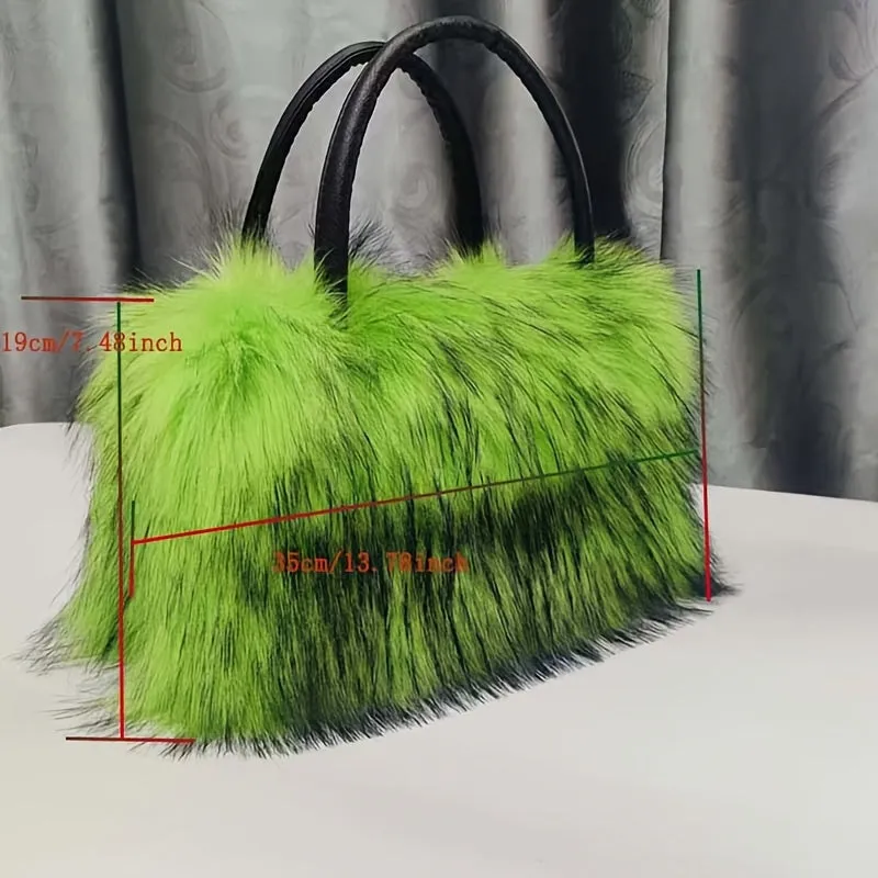 Luxury Plush Faux Fur Handbag - Y2K Sparkling Chic, Lightweight with Stripe Design & Secure Zip Closure