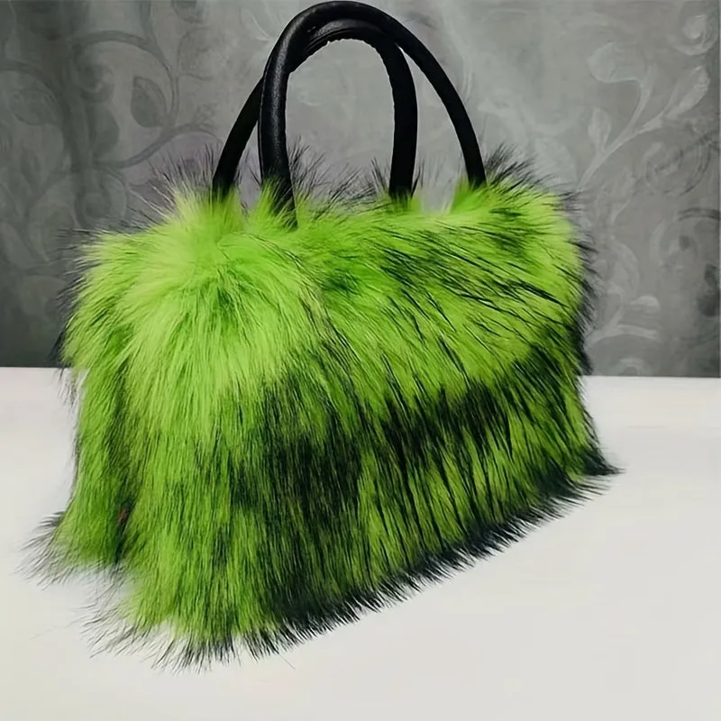 Luxury Plush Faux Fur Handbag - Y2K Sparkling Chic, Lightweight with Stripe Design & Secure Zip Closure