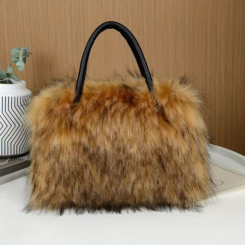 Luxury Plush Faux Fur Handbag - Y2K Sparkling Chic, Lightweight with Stripe Design & Secure Zip Closure