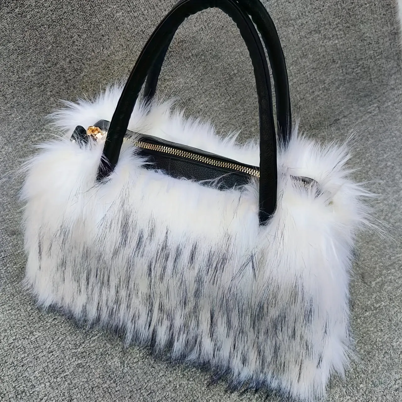 Luxury Plush Faux Fur Handbag - Y2K Sparkling Chic, Lightweight with Stripe Design & Secure Zip Closure